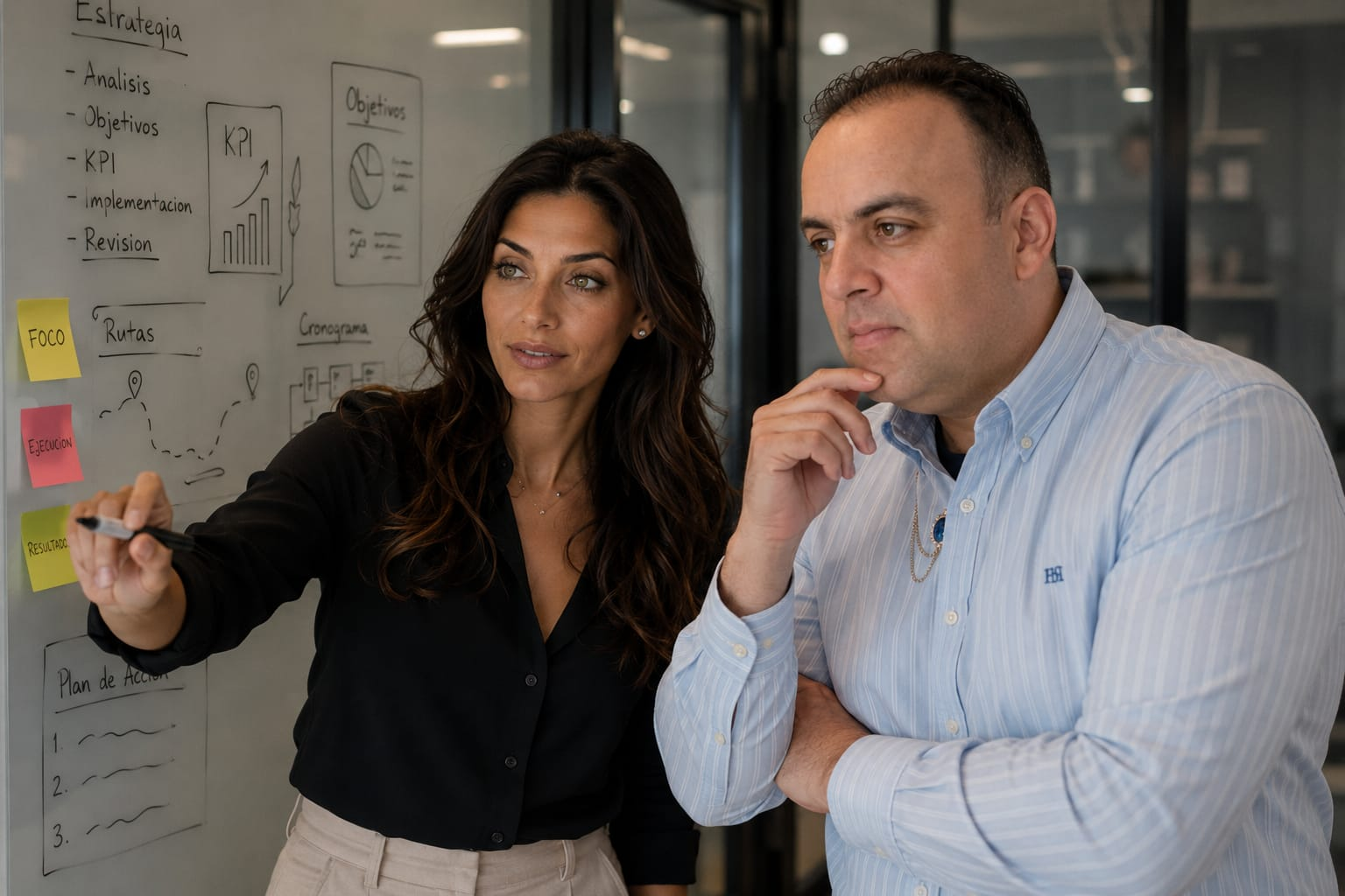 Representación de marca de Oscar y SAMANTHA trabajando en una estrategia